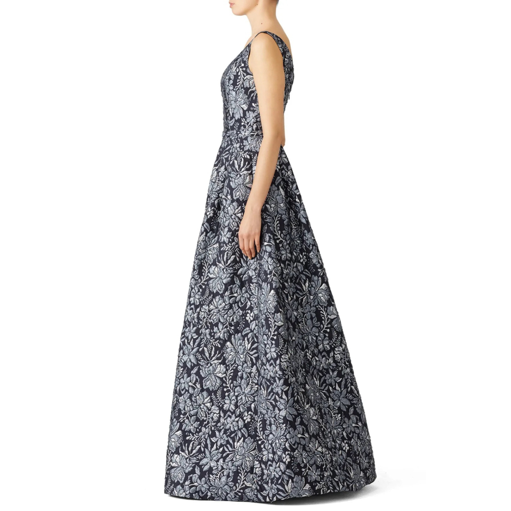 Theia Floral Slate Ballgown Dress Maxi Silver Floral $1,000 Size 8 - Picture 4 of 16